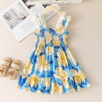 Toddler Girl Allover Floral Printed Lace Spliced Strap Dress  Blue