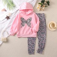 Girls butterfly print long sleeve hooded sweatshirt and leopard print leggings set  Pink