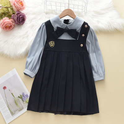 Toddler Girl 2 in 1 Color-block Bowknot Front Button Decor Pleated Long Sleeve Dress