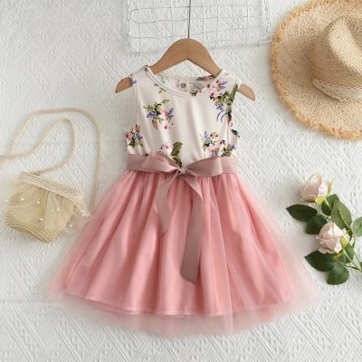 Vestido de princesa com colete de malha floral primavera e verão para meninas + cadarço