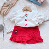 Nuevo traje de verano para niños, top bordado con flores pequeñas para niña + falda, traje de dos piezas para niños  rojo