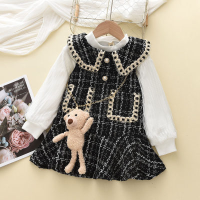 3-piece Toddler Girl Solid Color Lantern Sleeve Top & Plaid Lapel Pocket Front Tweed Tank Dress & Toy Bear