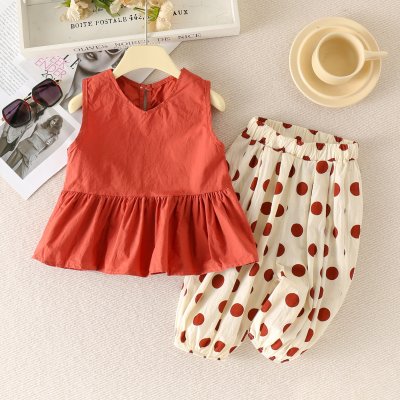 2-piece Toddler Girl Solid Color Sleeveless Blouse & Allover Polka Dotted Pants