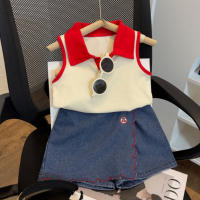 Summer sleeveless polo vest + denim shorts two-piece suit  Red