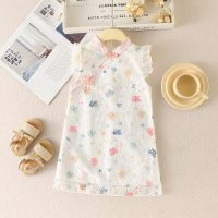 Toddler Girl Allover Cartoon Pattern Lace Spliced Sleeveless Dress  White