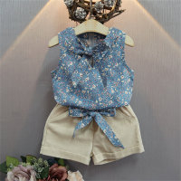 Conjunto de dos piezas de chaleco floral sin mangas + pantalones cortos para niñas  Azul