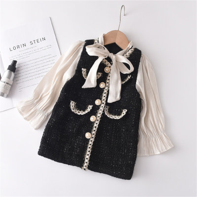 Children's fake two-piece bow new style girl's spliced sleeves small fragrant dress