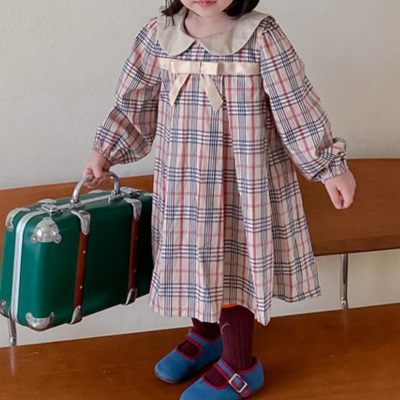 Toddler Girl Lapel Plaid Fabric Autumn Long-sleeve Dress