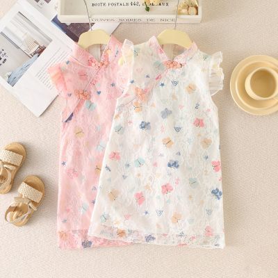 Toddler Girl Allover Cartoon Pattern Lace Spliced Sleeveless Dress