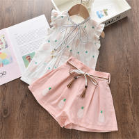 Girls' sleeveless lace-up top + embroidered shorts + belt three-piece suit  Pink