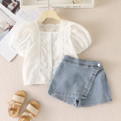 Summer new girls fashion two-piece lace short-sleeved top and jeans two-piece suit