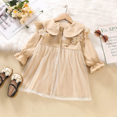 Toddler Girl Solid Color Lapel Mesh Patchwork Lace Spliced Long Sleeve Coat