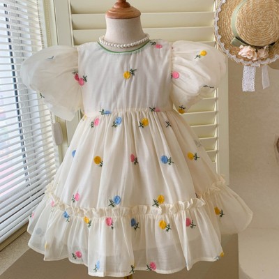 Girls Summer Dress Embroidered Mesh Princess Dress Floral Dress + Bow