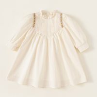 Toddler Girl Solid Color Ruffled Collar Embroidered Long Sleeve Dress  Apricot