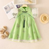 2-piece Toddler Girl Floral Printed Mesh Patchwork Short Sleeve Cheongsam & Jade Pendant  Green