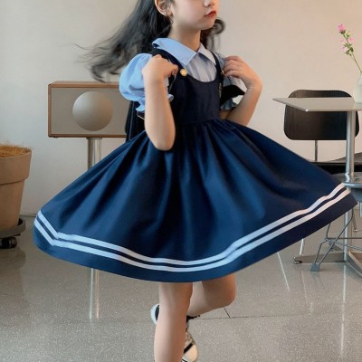 Girls dress summer new style fake two-piece college style puff sleeve princess dress