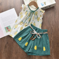 Girls' sleeveless lace-up top + embroidered shorts + belt three-piece suit  Green