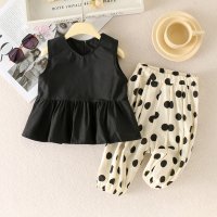 2-piece Toddler Girl Solid Color Sleeveless Blouse & Allover Polka Dotted Pants  Black