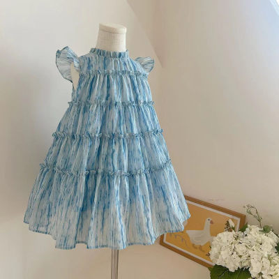 Girls' small flying sleeve dress summer cake dress 2023 children's baby girl A-line skirt children's clothing fashionable princess dress
