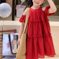 Girls summer dress summer children's off-shoulder princess dress little girl chiffon skirt  Red