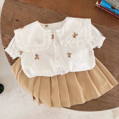 Girls Summer College Style Suit Bear Embroidered Lace Shirt + Pleated Skirt Two-piece Set