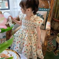 Girls summer new style puff sleeve floral fashion princess dress  White