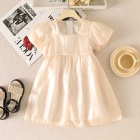 Toddler Girl Solid Color Square Neck Short Puff Sleeve Dress  Apricot