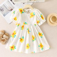 Toddler Girl Flower Printed Short Sleeve Dress  White