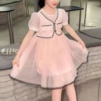 Girls summer dress, children's Korean style fashionable little fragrant mesh baby cute short-sleeved princess dress  Pink