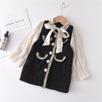Children's fake two-piece bow new style girl's spliced sleeves small fragrant dress  Black