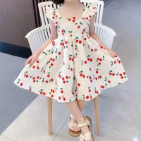 Toddler Girl Allover Cherry Pattern Fly Sleeve Dress  White