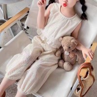 Girls Summer Sleeveless Round Neck Back Tie Top + Bloomers Korean Style Heavy Embroidery Baby Suit  Beige