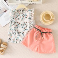 طقم بدلة بناتي صيفي 2قطع:قميص بدون أكمام مطبع بنمط الأزهار+شورت أبوحزام  وردي 