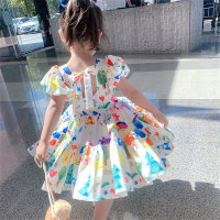 Girls' dress with colorful puff sleeves and princess dress  Floral color