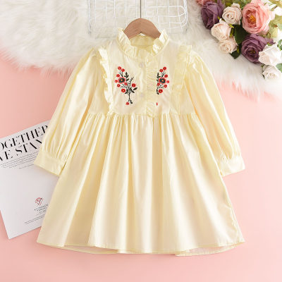 Toddler Girl 100% Cotton Solid Color Ruffled Floral Embroidered Long Sleeve A-line Dress