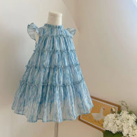 Girls' small flying sleeve dress cake dress children's baby girl clothes  Light Blue