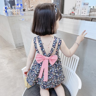 Girls dress, summer dress, children's backless fashionable floral princess dress with hairband