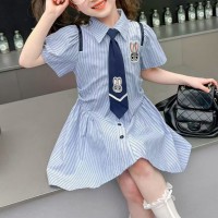 Girls summer dress for baby girl stylish short-sleeved shirt dress with tie  Blue