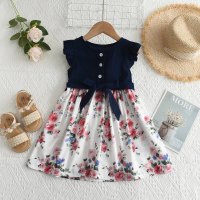 Summer Girls' Lace Sleeve Floral Princess Dress + Ties  Navy Blue