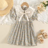 Toddler Girl Allover Floral Printed Lapel Patchwork Bownot Tied Short Sleeve T-sihrt  Multicolor