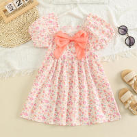 Toddler Girl Allover Floral Pattern Bowknot Decor Square Neck Short Puff Sleeve Dress  Pink