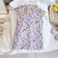 Summer new style printed cheongsam for small and medium-sized children, lady's Tang suit ethnic style dress  Floral color