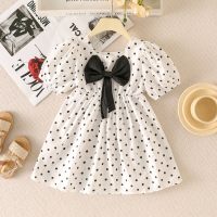 Toddler Girl Floral Printed Bowknot Decor Square Neck Short Sleeve Dress  White