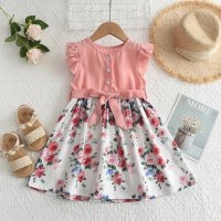 Summer Girls' Lace Sleeve Floral Princess Dress + Ties  Pink