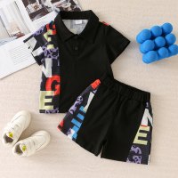 2-piece Toddler Boy Letter Printed Patchwork Short Sleeve Shirt & Matching Shorts  Black