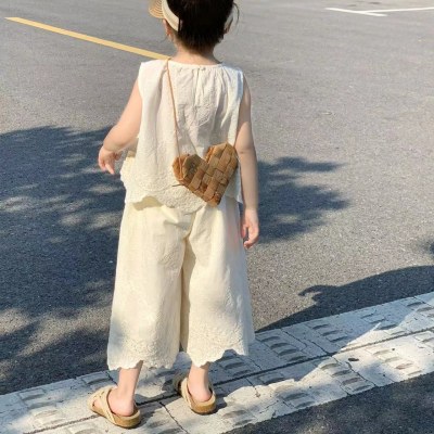 New summer baby girl lace sleeveless vest + casual wide-leg pants two-piece set