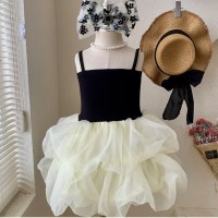 Toddler Girl Solid Color Mesh Patchwork Strap Dress  White