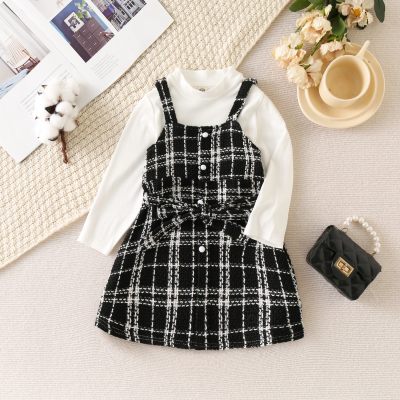 3-piece Toddler Girl Solid Color Long Sleeve Top & Plaid Button Front Strap Dress & Belt