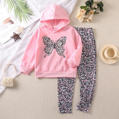 Girls butterfly print long sleeve hooded sweatshirt and leopard print leggings set