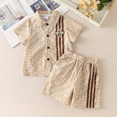 2-piece Toddler Girl Allover Printing Stripe Pattern Short Sleeve Shirt & Matching Shorts